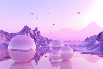 Stoff pro Meter 3D glow modern purple sphere with water landscape wallpaper © Ivanda