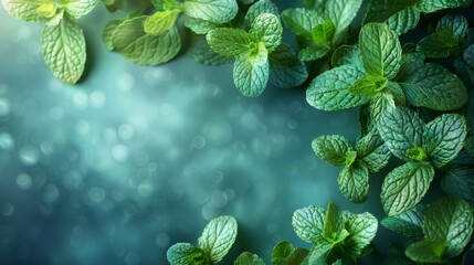 Air flow from mint leaves on blue background. Fresheners, cleaners, giving menthol aroma. Modern illustration.