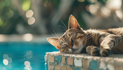 A cat is laying on a ledge next to a pool - Powered by Adobe