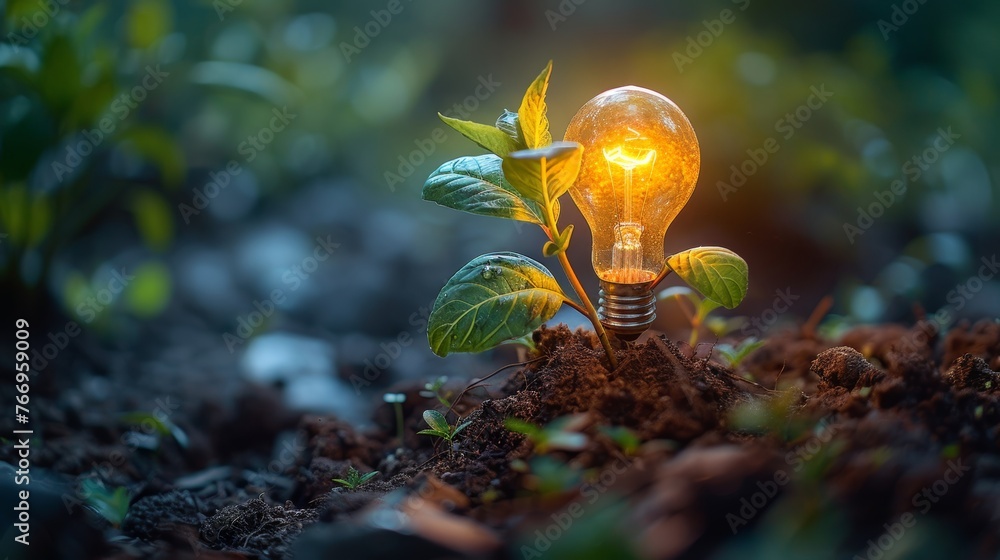 Poster the concept of a light bulb glowing in soil or an idea related to energy and the environment