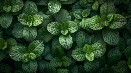 Top view nature background with spearmint herbs. Green mint leaf pattern layout design. Ecology natural creative concept. - obrazy, fototapety, plakaty