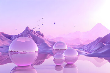 3D glow modern purple sphere with water landscape wallpaper