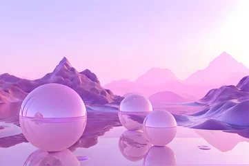 Schilderijen op glas 3D glow modern purple sphere with water landscape wallpaper © Ivanda