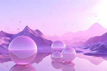 Wandcirkels aluminium 3D glow modern purple sphere with water landscape wallpaper © Ivanda