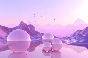 Fotobehang 3D glow modern purple sphere with water landscape wallpaper © Ivanda