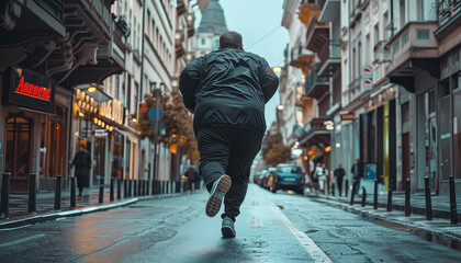 A man runs down a street with autumn leaves on the ground - obrazy, fototapety, plakaty