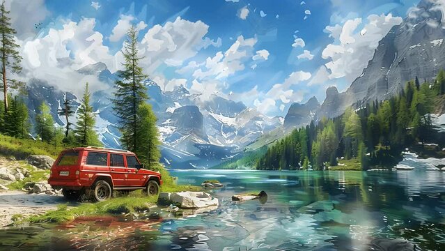 Idyllic painting showcasing a red SUV parked on a rocky lakeshore with calm waters. Seamless Looping 4k Video Animation