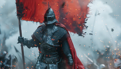 A knight is holding a flag in a battle scene