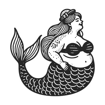 Enchanting overweight Mermaid sketch engraving generative ai fictional character raster illustration. Scratch board imitation. Black and white image.