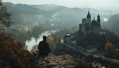 A man is sitting on a rock overlooking a river with a castle in the background - obrazy, fototapety, plakaty