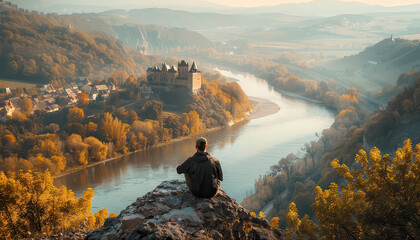 A man is sitting on a rock overlooking a river with a castle in the background - obrazy, fototapety, plakaty