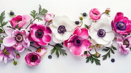 Composition with Magnolia and Anemone flowers on the white background  ,Generative ai, 