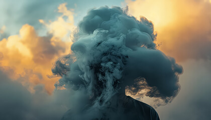 A man's face is obscured by a cloud of smoke - obrazy, fototapety, plakaty