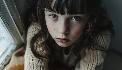 A girl with blue eyes and a grey sweater