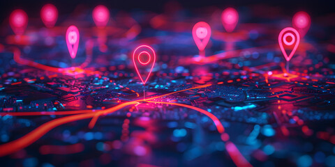 Red map pin on city escape network connection GPS navigation technology - obrazy, fototapety, plakaty