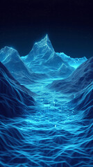 Enchanted Neon Blue Mountain Landscape at Night