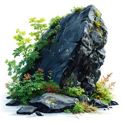 A black graphite rock stone on white background, flat vector illustration