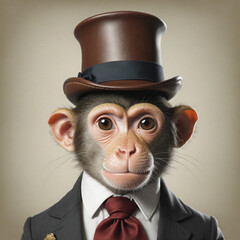 dandy monkey with hat and tie colorful background - obrazy, fototapety, plakaty