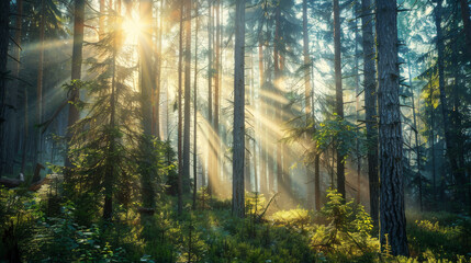 Enchanted Sunrise Peeking Through Misty Forest Trees