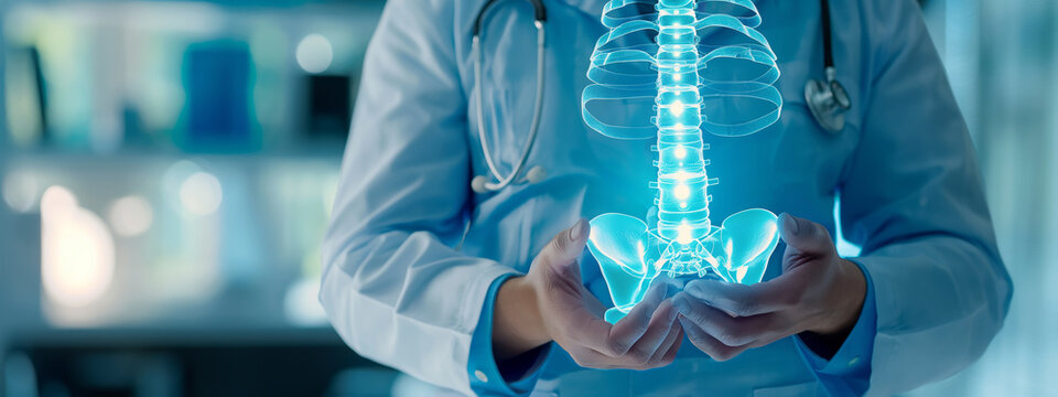 a doctor holding in hand a spine model, medical human spine health concept