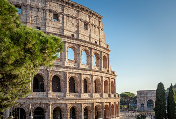 Colosseum in Rome, Italy. Roman Colosseum is one of the main tourist attractions in Rome. - obrazy, fototapety, plakaty
