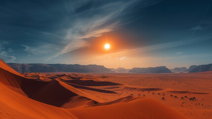 Fototapeta na wymiar Eerie Desert Twilight: Total Solar Eclipse Time-lapse with Camels Traversing Dunes Under Celestial Dance