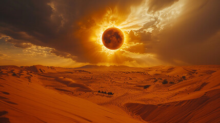 Desert Eclipse Time-lapse: Total Solar Eclipse Over Vast Desert with Camels and Dramatic Sky Transformation