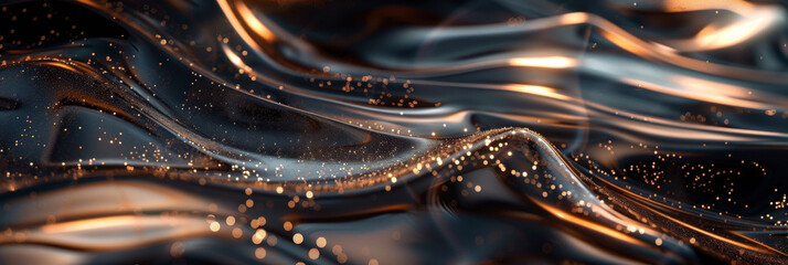 Ethereal Golden Sparkles on Fluid Metallic Waves Background