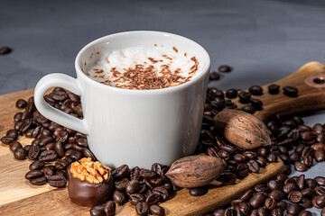 Coffee beans and a cup of cappuccino on the background of a dark wooden table.