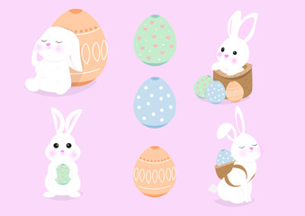 ilustración digital de conejitos  y huevos de pascua con illustrator con fondo rosa para celebración de pascua 