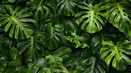 Dark green leaves of monstera or split-leaf philodendron (Monstera deliciosa) tropical foliage plant growing in the wild isolated on white background, clipping path included.1 - obrazy, fototapety, plakaty