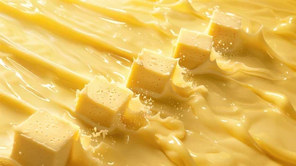 Fotobehang A close-up of four solid cheese blocks creating four distinct lines as they slide out in yellow liquid cheese. The scene is captured from above with intense lighting. Aerial view. Generative AI © Pavithiran
