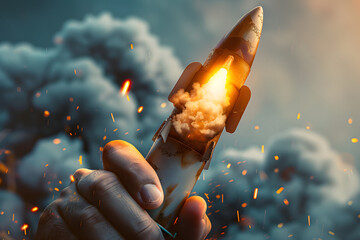 left hand holding a rockets trying to blast off. Photo realistic - obrazy, fototapety, plakaty