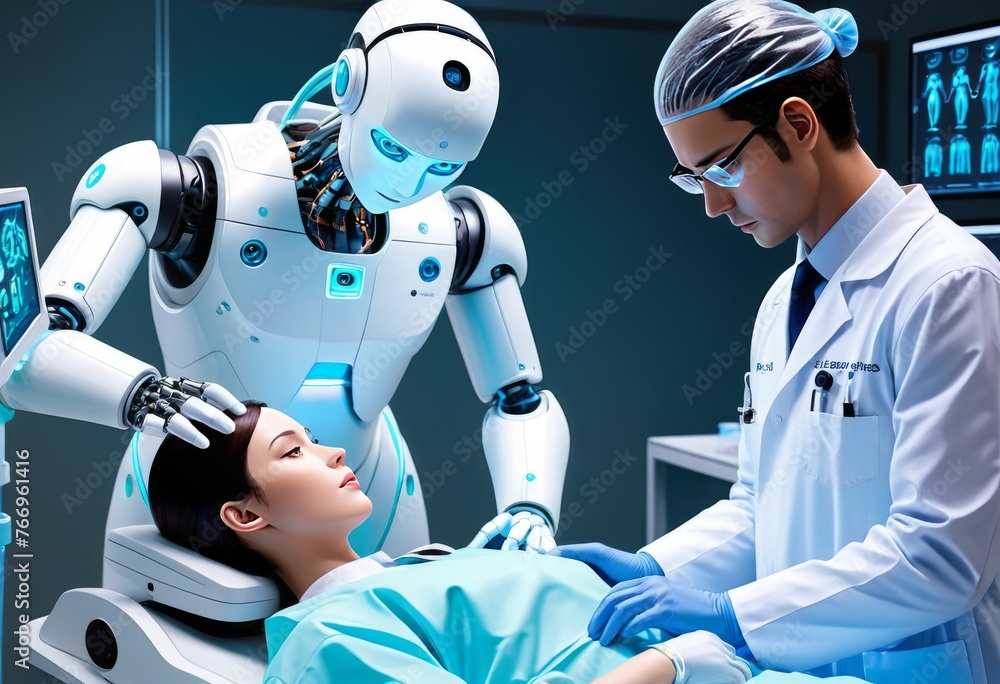 Poster a futuristic robot assists a human doctor during a surgical procedure, representing the integration 