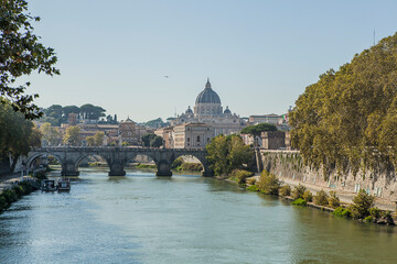 FoRome, Italy. View of the river Tiber and St. Peter's Basilica. - 766961427