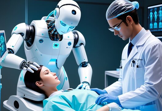 A futuristic robot assists a human doctor during a surgical procedure, representing the integration of advanced robotics in modern healthcare. The precise movements of the robot suggest a new era of