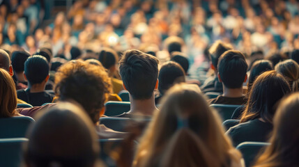 People in an auditorium watching a scientific or business presentation