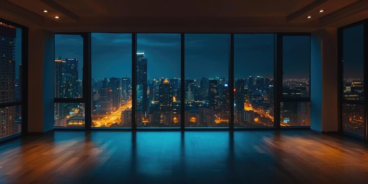 Fototapeta empty room with beautiful city skyline view in dark