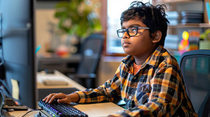 A South Asian teenage boy with Down syndrome showing concentration and dedication while working as a computer programmer in an office. Learning Disability - obrazy, fototapety, plakaty