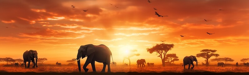 African savannah with elephants at sunset - panoramic view. - obrazy, fototapety, plakaty