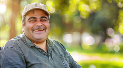 A Middle Eastern man with Down syndrome smiling proudly while working as a landscaper in a park. Learning Disability