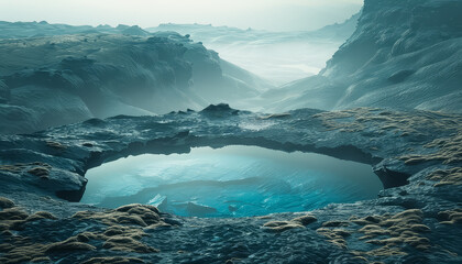 A large blue lake sits in the middle of a rocky landscape - obrazy, fototapety, plakaty