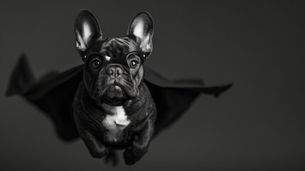 Humorous Black and White Image of a French Bulldog in Bat Costume