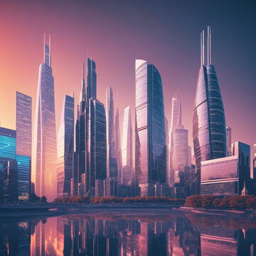 a futuristic cityscape with towering skyscrapers abstract shape, 3d render style, isolated on a transparent background colorful background