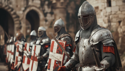 A group of knights are standing in a line, each holding a sword - obrazy, fototapety, plakaty