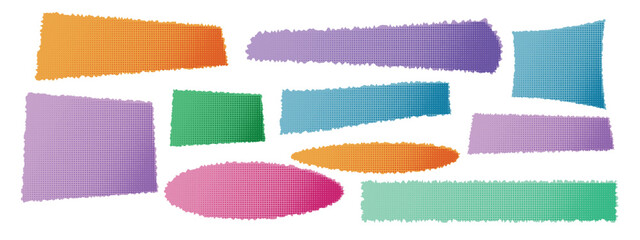 Creative modern design element. Torn paper shape halfton vector illustration. Blank colorful note. Color sticker: square, oval, piece, cut. Set of headline band. Grunge header isolated background.