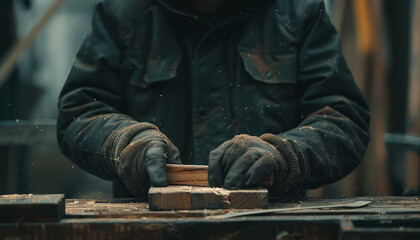 A man is cutting wood with a saw - obrazy, fototapety, plakaty