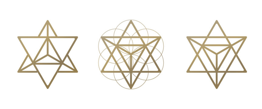 Sacred geometry. Gold Merkaba line geometric triangle sign. esoteric or spiritual symbol. isolated on white background.
