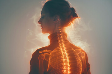 Woman Has A Backache, Back Ache Pain X-ray, Spine Injury, Skeleton, Body Bones, Joint Pain And Muscle Anatomy, Protrusion - obrazy, fototapety, plakaty