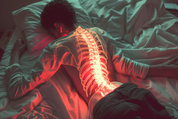 Teen Boy Has A Backache Because Of Scoliosis, Teenager Silhouette On Bed, Problematic Spine X-Ray - obrazy, fototapety, plakaty